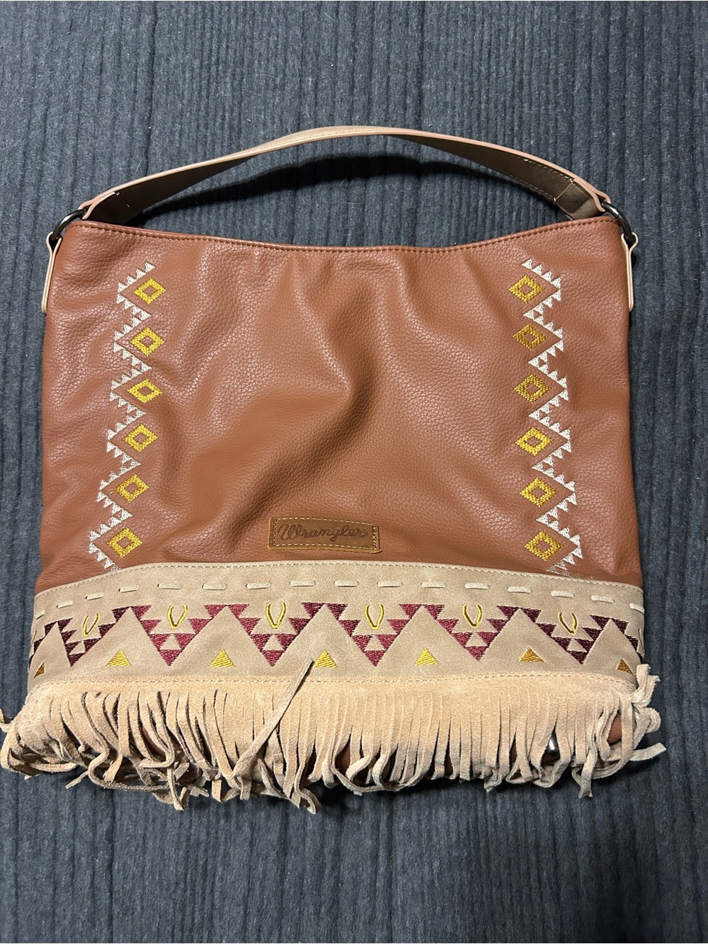 Wrangler Tan and Brown Fringe Shoulder Bag with Embroidered Trim